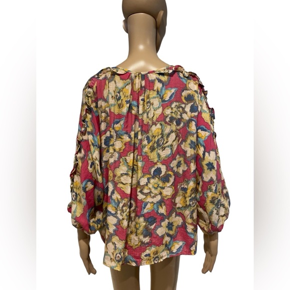 Zac & Rachel Watercolor Boho Blouse Sleeve Ruffle size L - Picture 4 of 4